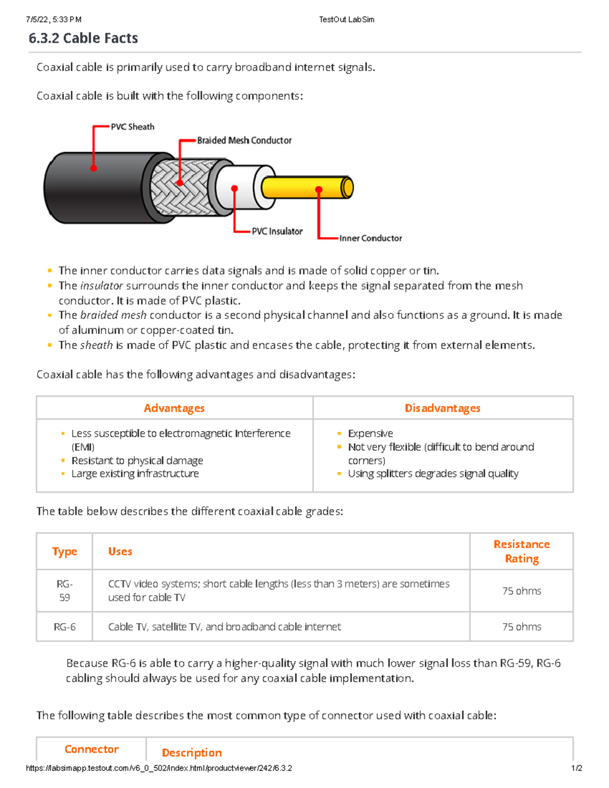 Cable facts sheet - 7/5/22, 5:33 PM TestOut LabSim - Studocu