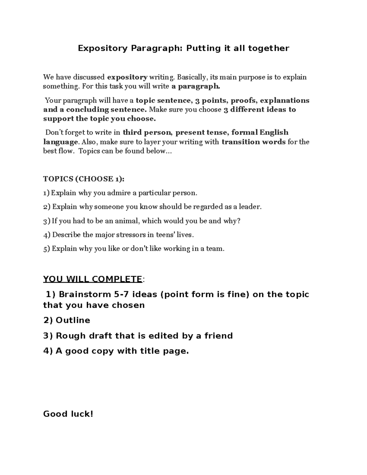 ENG 3C1-Expository paragraph assignment - Expository Paragraph: Putting ...