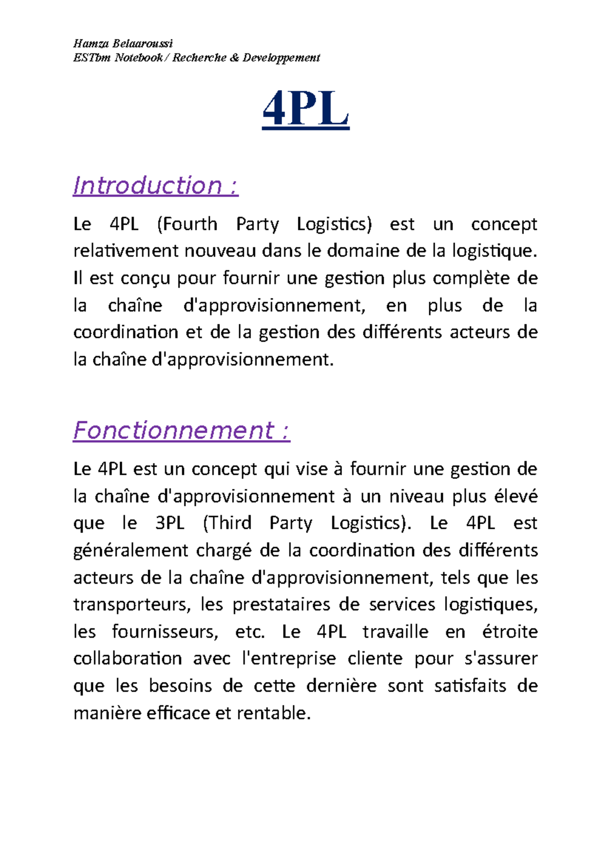 Les 4PL - 4 Prestatire Logistiue - Hamza Belaaroussi ESTbm Notebook ...