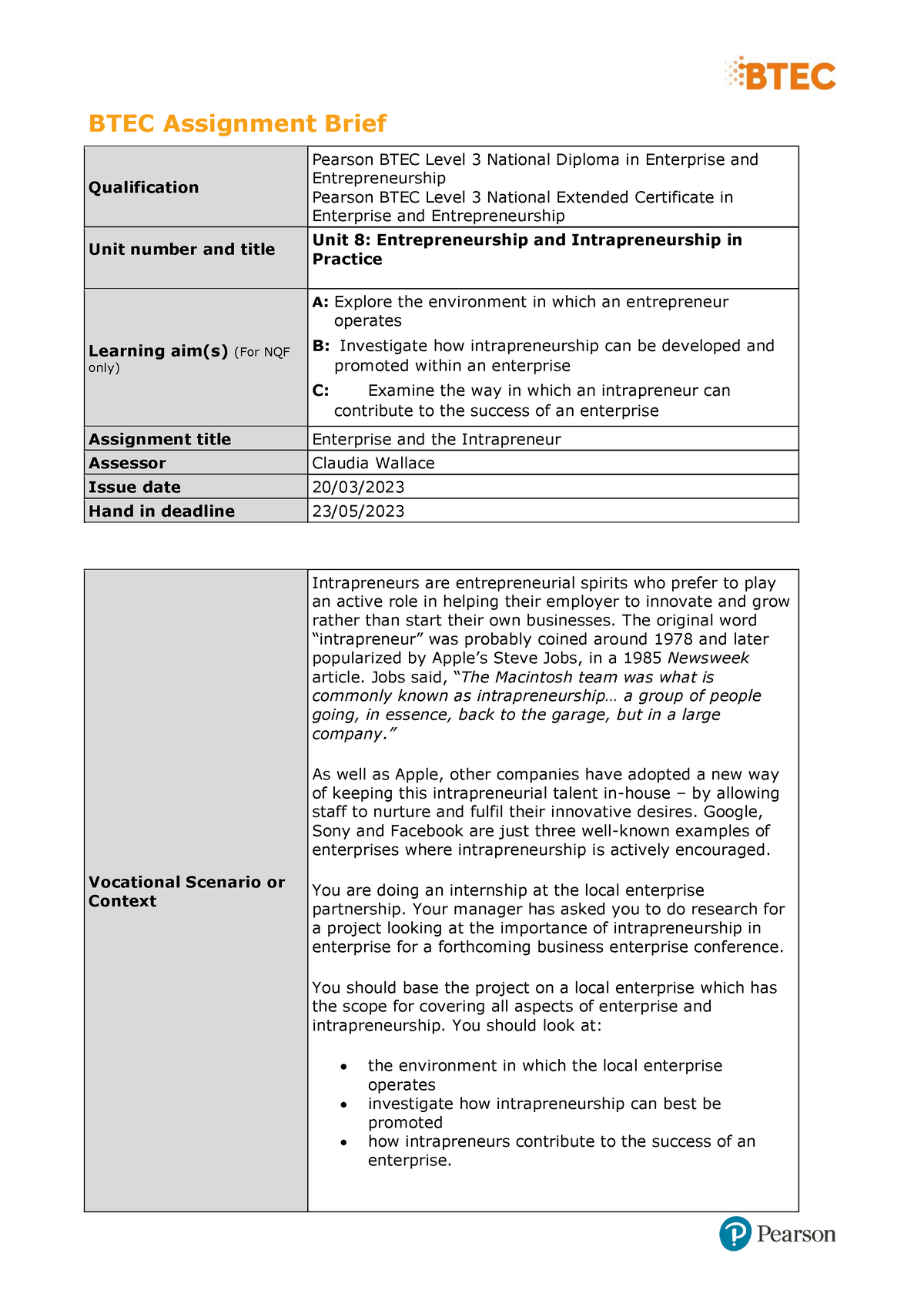 Unit-8 Learning-aims-A-B-and-C - BTEC Assignment Brief Qualification ...