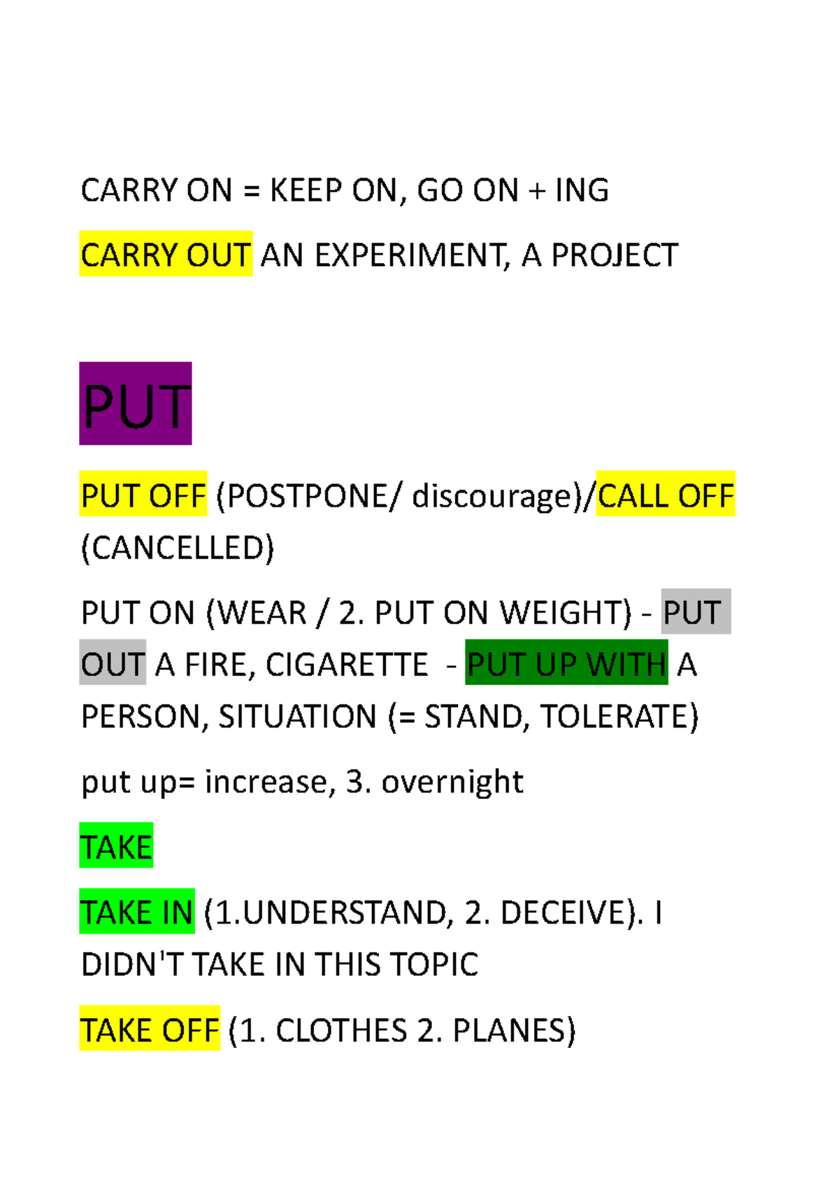 Phrasal LIST - CARRY ON = KEEP ON, GO ON + ING CARRY OUT AN EXPERIMENT ...