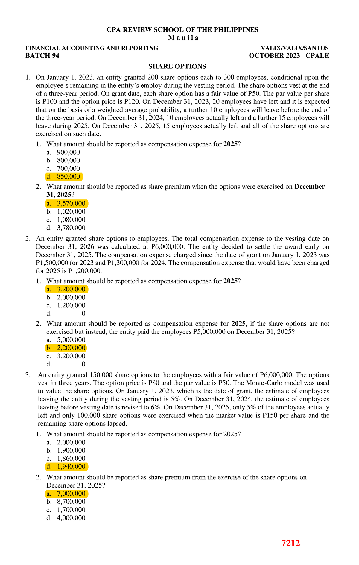 7212- Share Options - Practice problems - 7212 CPA REVIEW SCHOOL OF THE ...