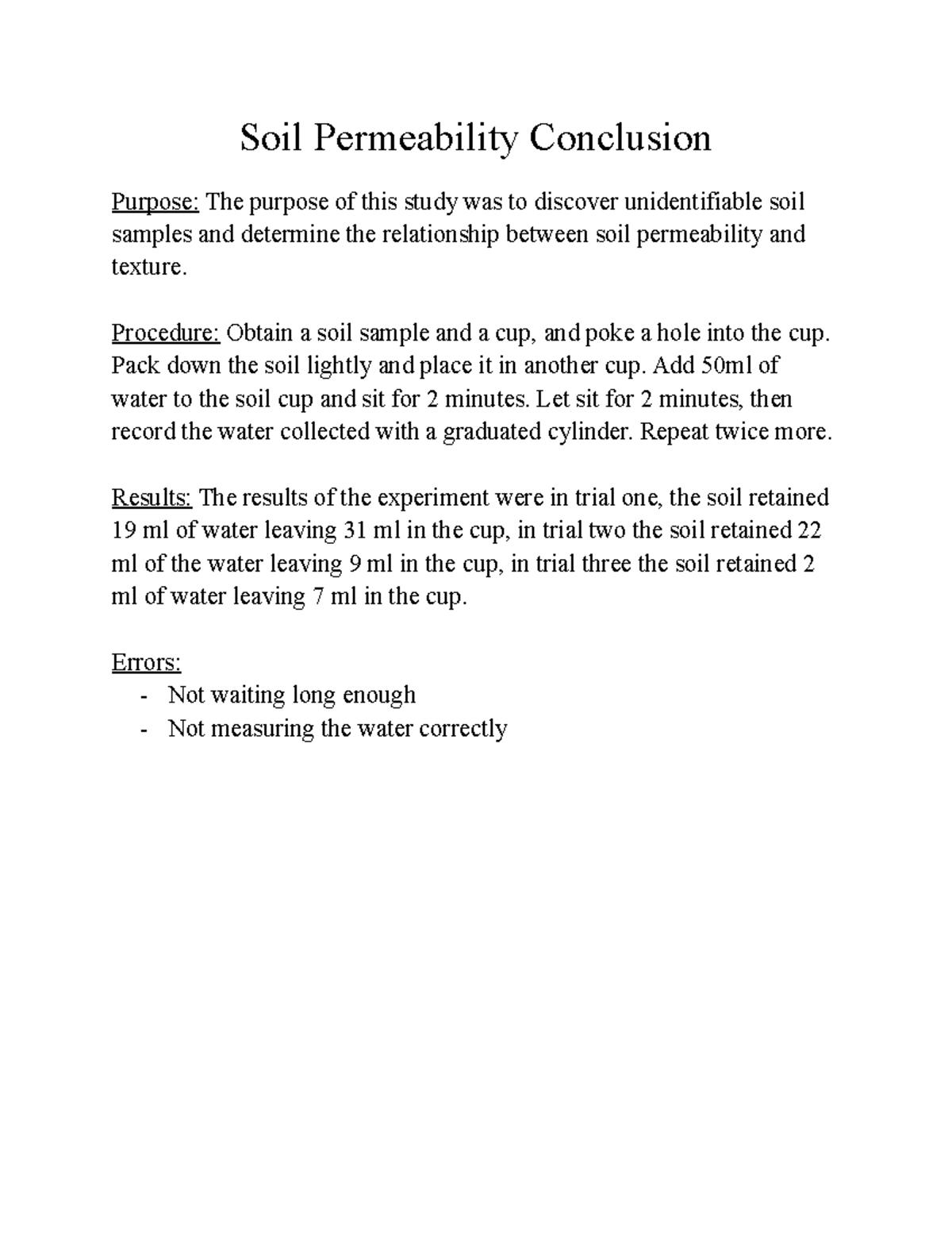 Lab Conclusions Lab Reports Soil Permeability Conclusion Purpose