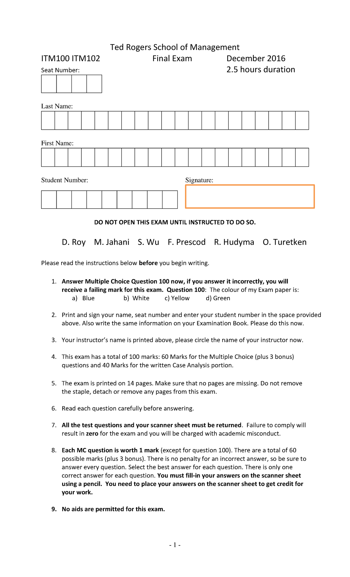 Itm102 Final Exam Practice - Ted Rogers School Of Management Itm100 