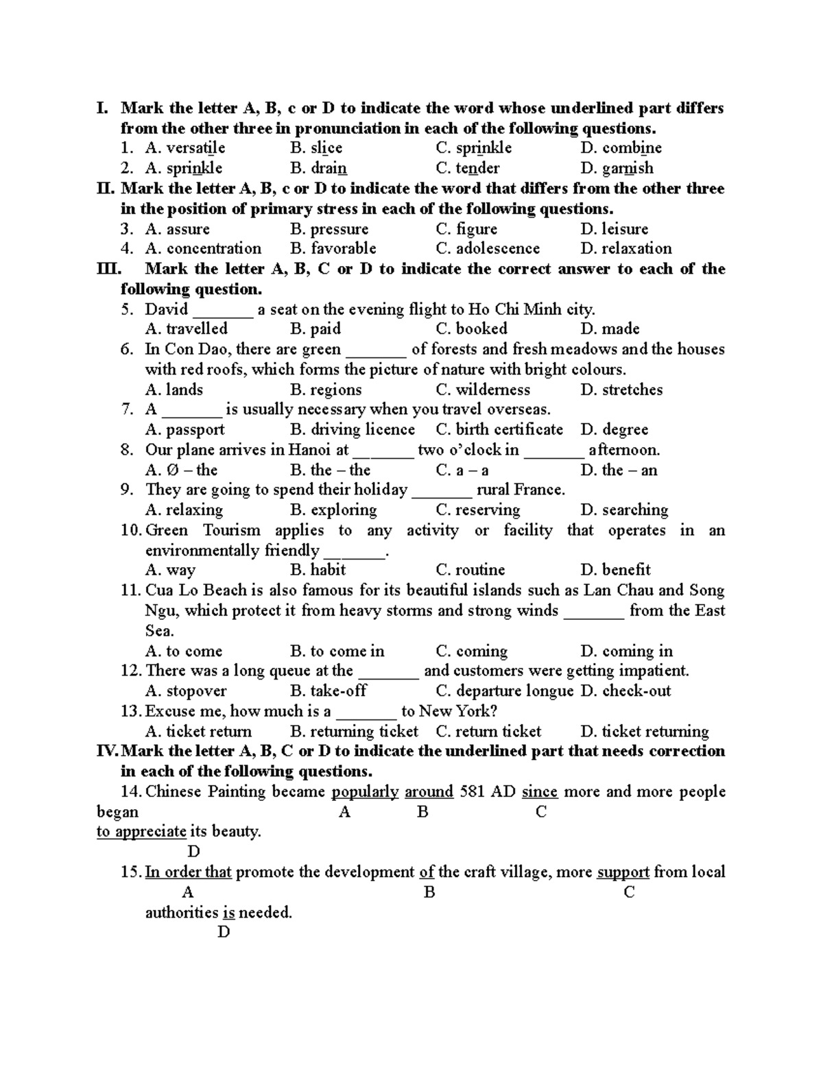 English Mock Test I Mark The Letter A B C Or D To Indicate The