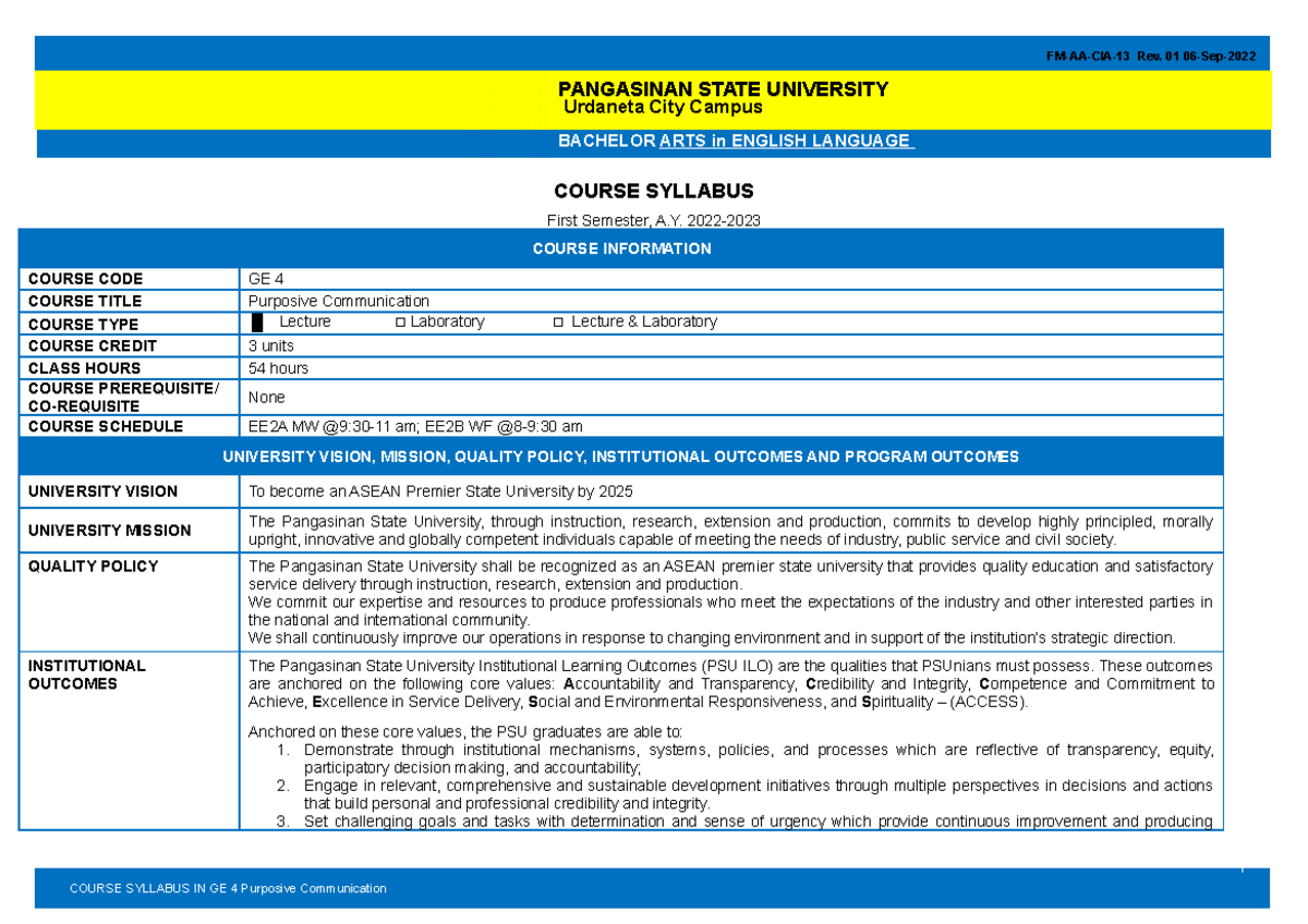 Updated Syllabus In Ge 4 Revised 9 17 22 Course Syllabus First