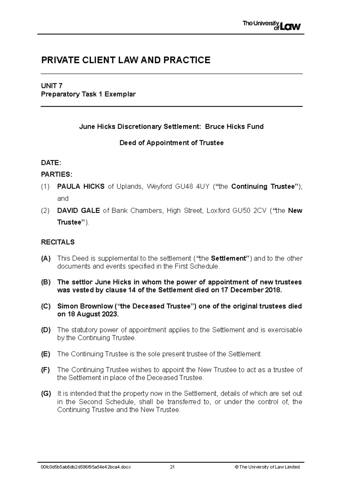 2223 priv u07 ce02 prepare task01 exemplar - PRIVATE CLIENT LAW AND ...