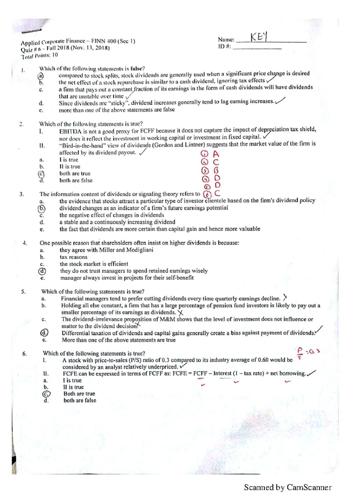 FINN 400 Q6 Key S1 - Quiz - Applied Corporate Finance - Studocu