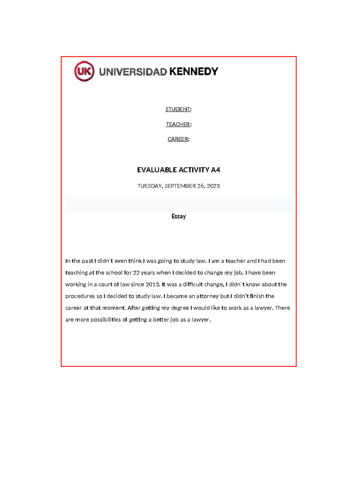Ingles Basico Actividad Evaluable A4 - STUDENT: TEACHER: CAREER ...