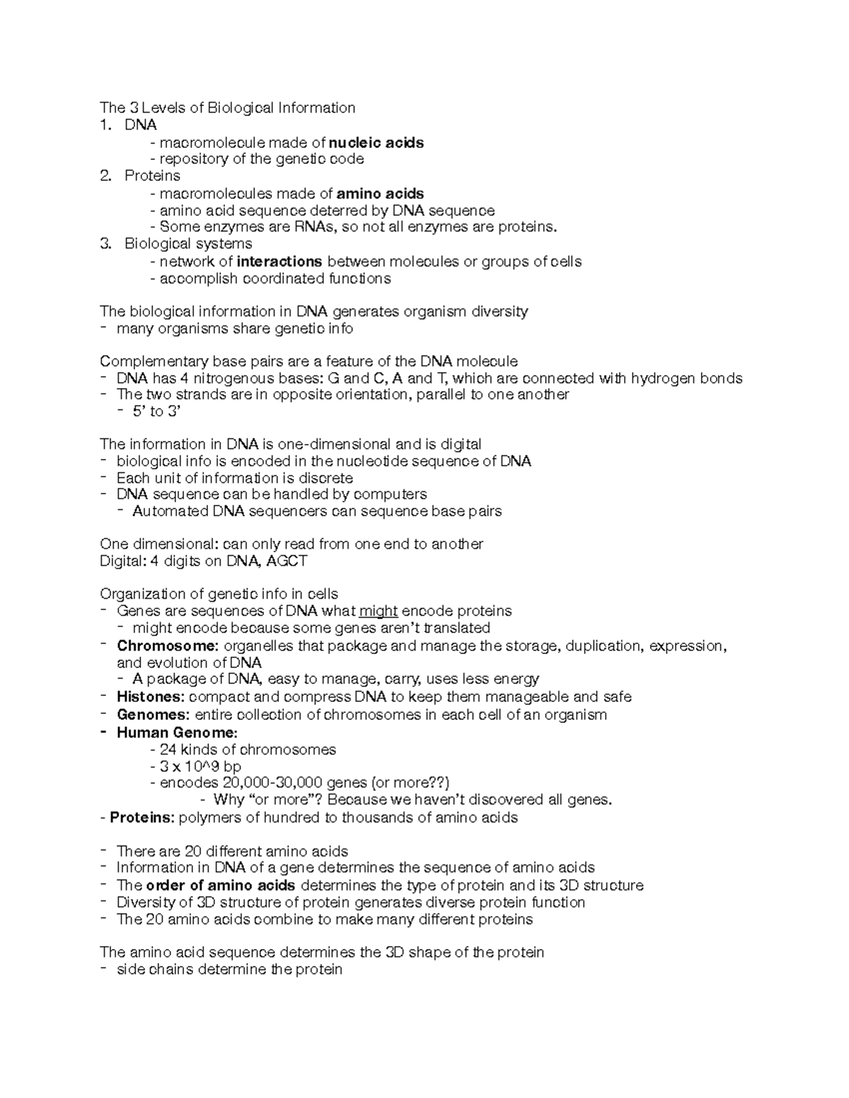 Genetics Midterm 1 Review - The 3 Levels Of Biological Information DNA ...