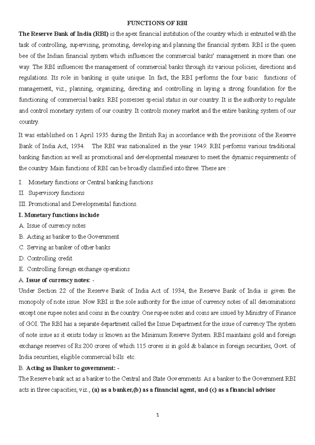 Function of RBI - It's lecture note - FUNCTIONS OF RBI The Reserve Bank ...