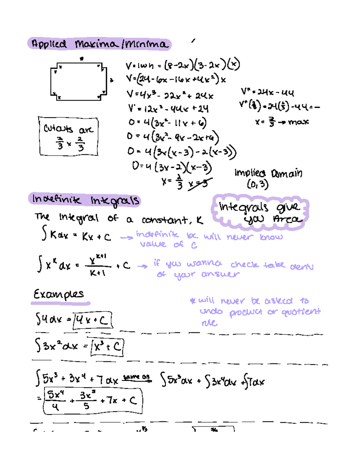Indefinite Integral Review Recitation - Applied Maxima minima x S V lwh ...