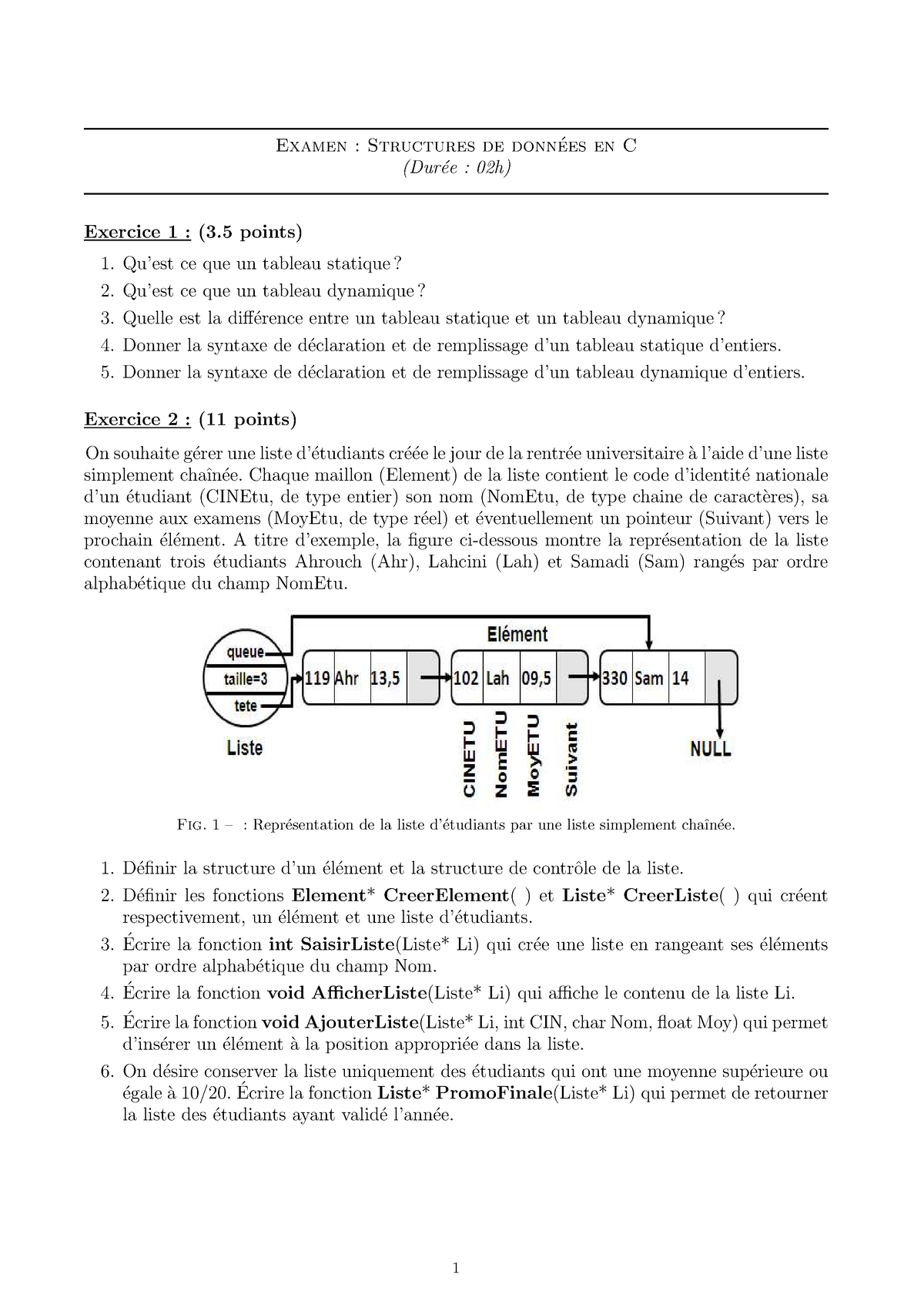 Examen Structures De Donnees En C - Universit ́e Moulay Ismail A ...