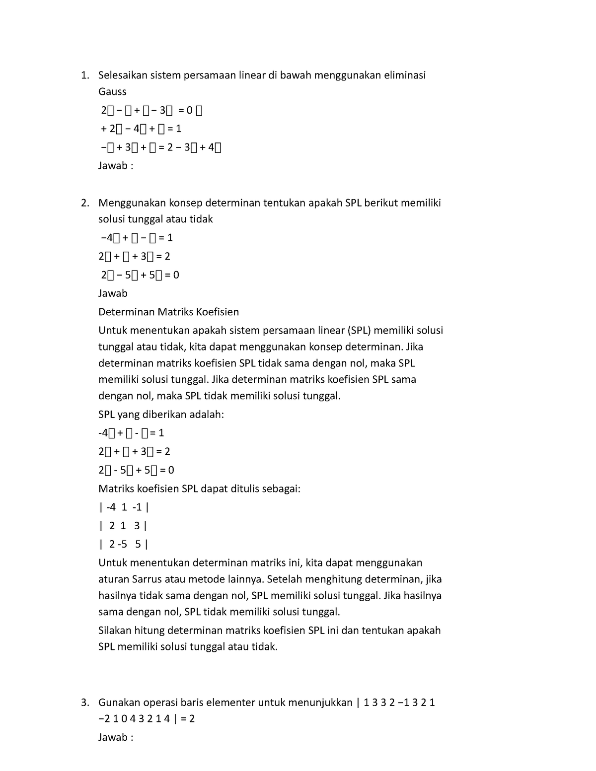 Aljabar Linier Elementer Tugas 2 - Selesaikan Sistem Persamaan Linear ...