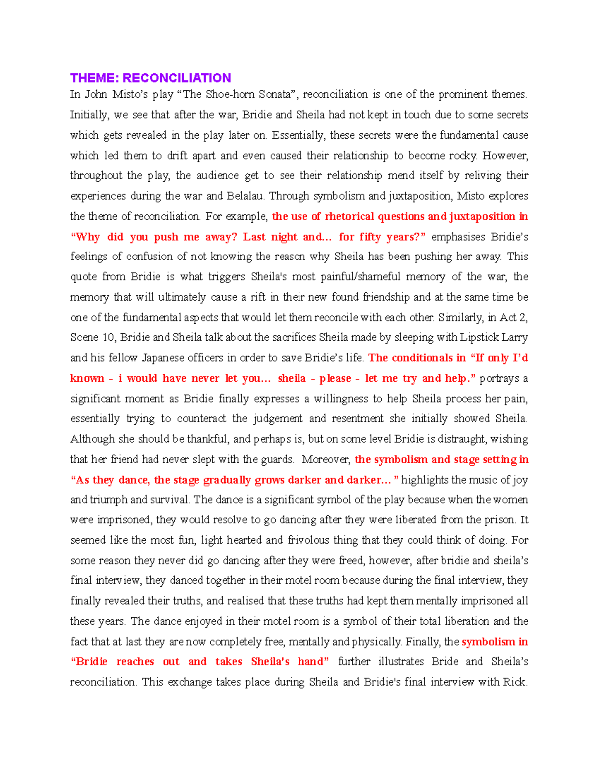 Shoehorn Sonata Themes THEME RECONCILIATION In John Misto’s play