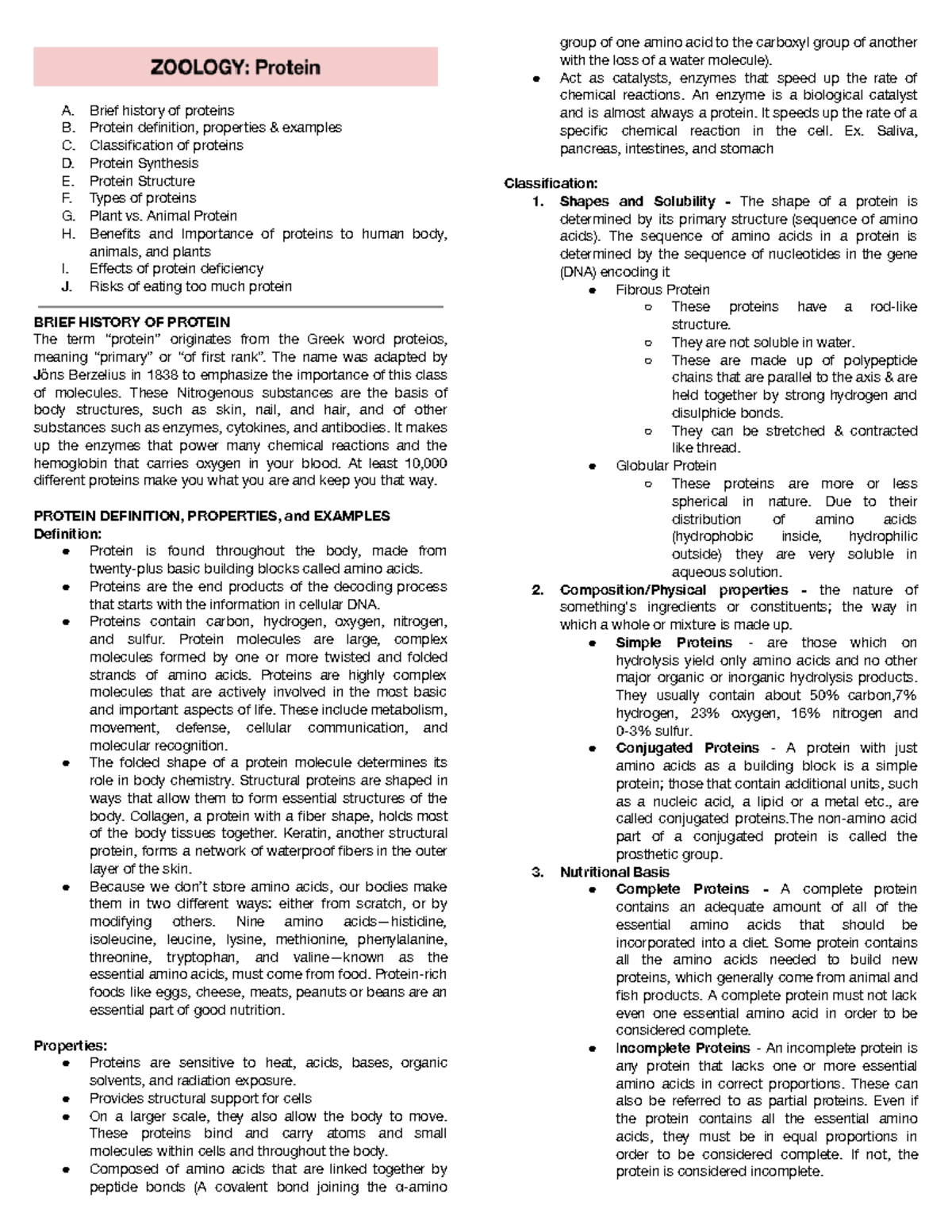Protein Zoology A. Brief history of proteins B. Protein definition