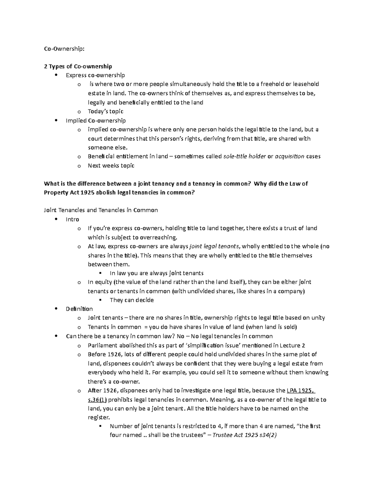 Express Co-Ownership Detailed Lecture Notes - Co-Ownership: 2 Types Of ...