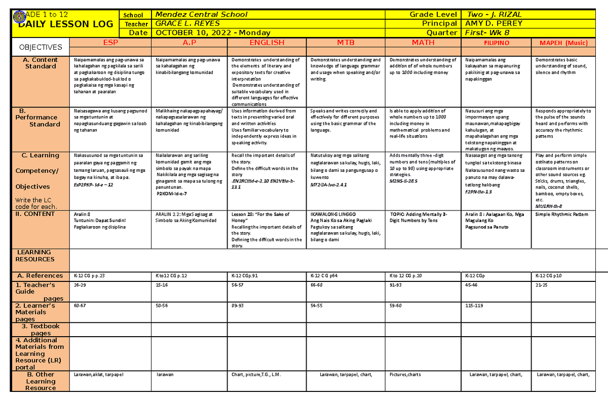 Week 8 Oct 10 142022 1 - Good - GRADE 1 to 12 DAILY LESSON LOG School ...