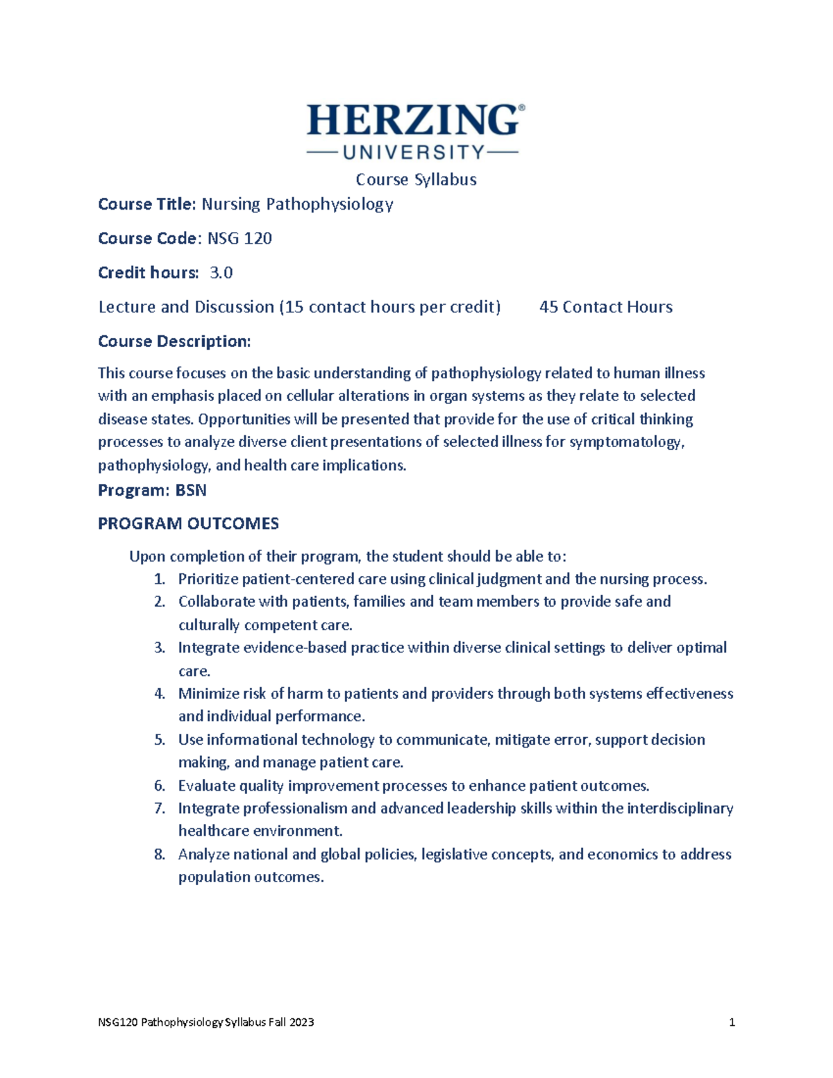 Patho Syllabus - Course Syllabus Course Title: Nursing Pathophysiology ...