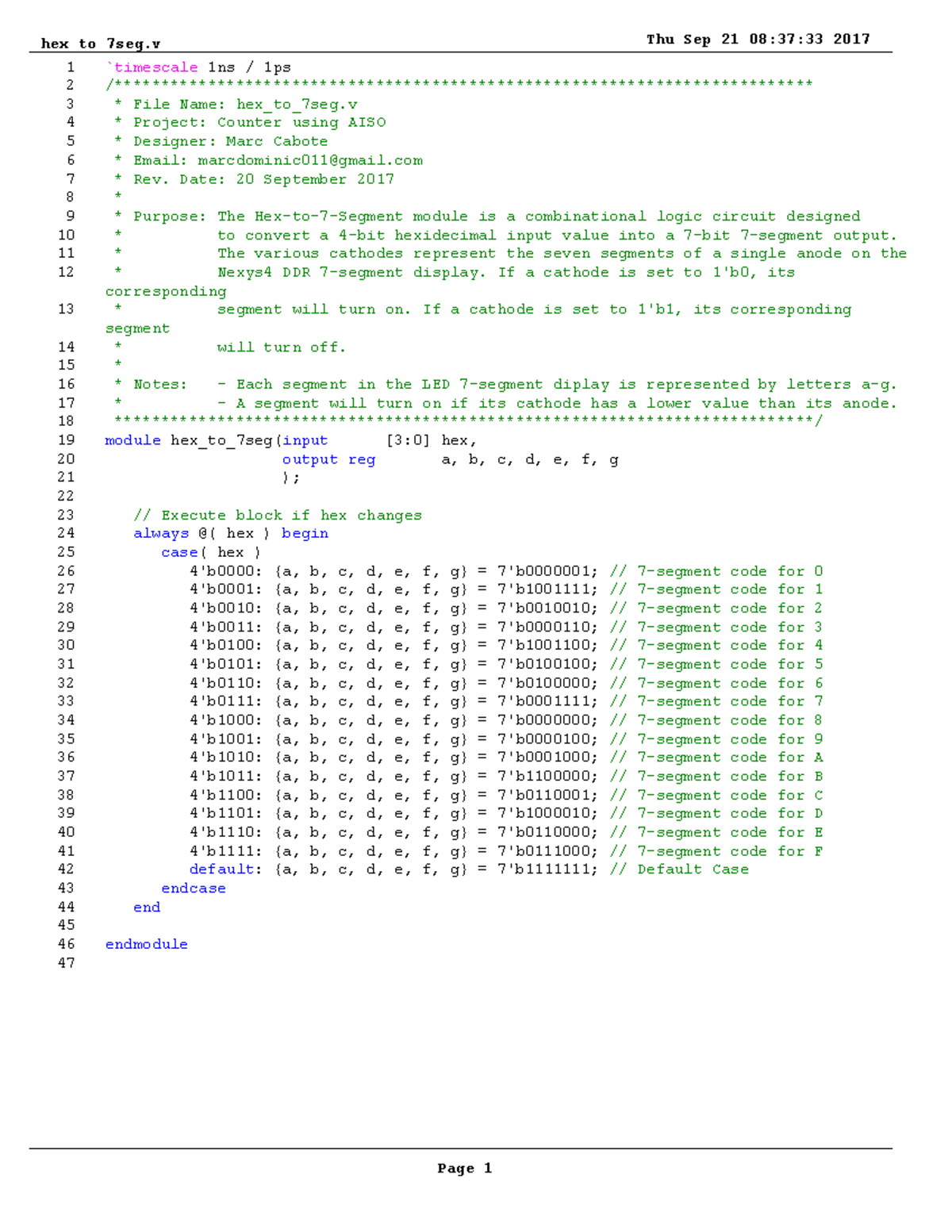 Hex to 7seg - Hex to seven segment code to toggle the LEDs for the ...