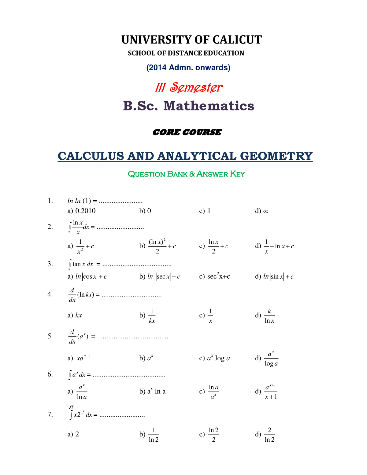 Calculus AND Analytical Geometry Bsc Mathematicquestion BANK ...