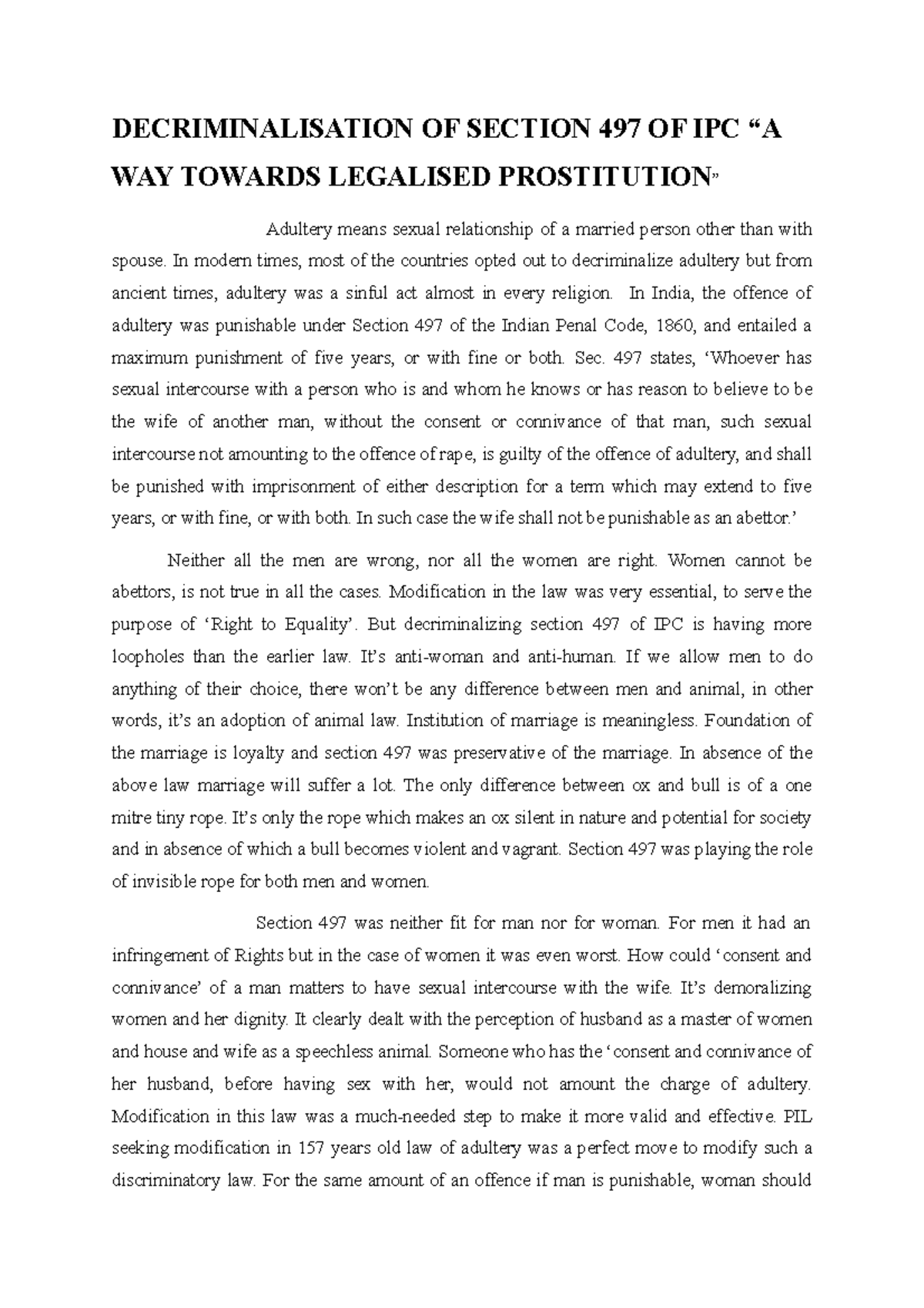 Adultery - DECRIMINALISATION OF SECTION 497 OF IPC “A WAY TOWARDS ...