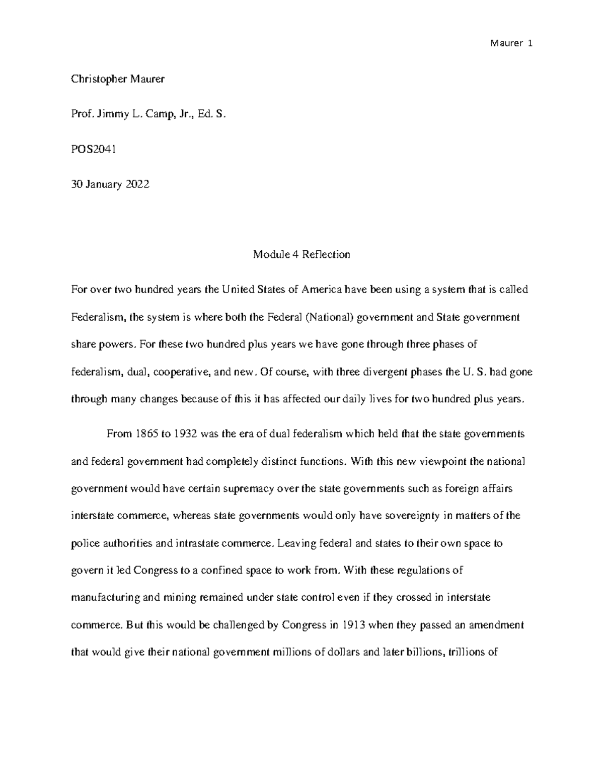 Module 4 Reflection (POS2041) - Maurer 1 Christopher Maurer Prof. Jimmy ...