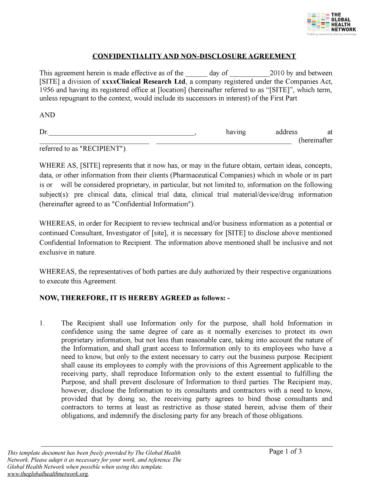 Confidentiality and Non-Disclosure Agreement template - CONFIDENTIALITY ...