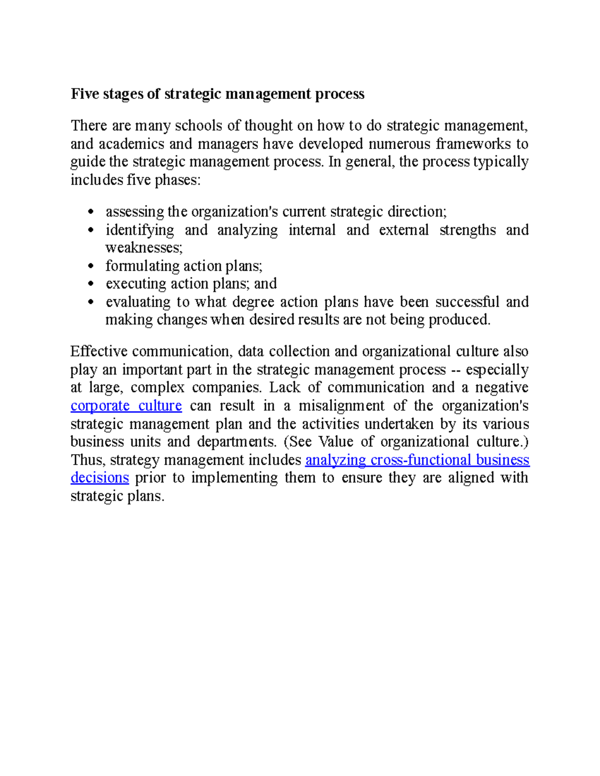 Five stages of strategic management process - In general, the process