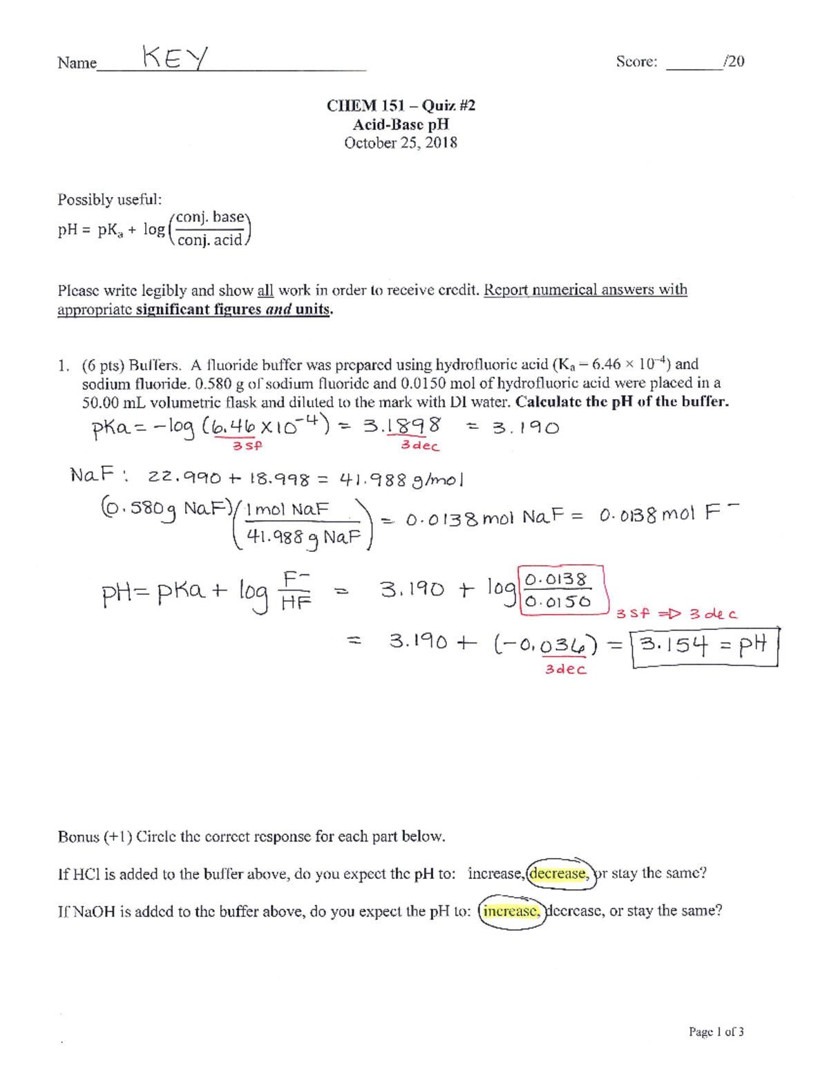 CHEM 151 Quiz #2 KEY - Answer Key - CHEM 151 - Studocu