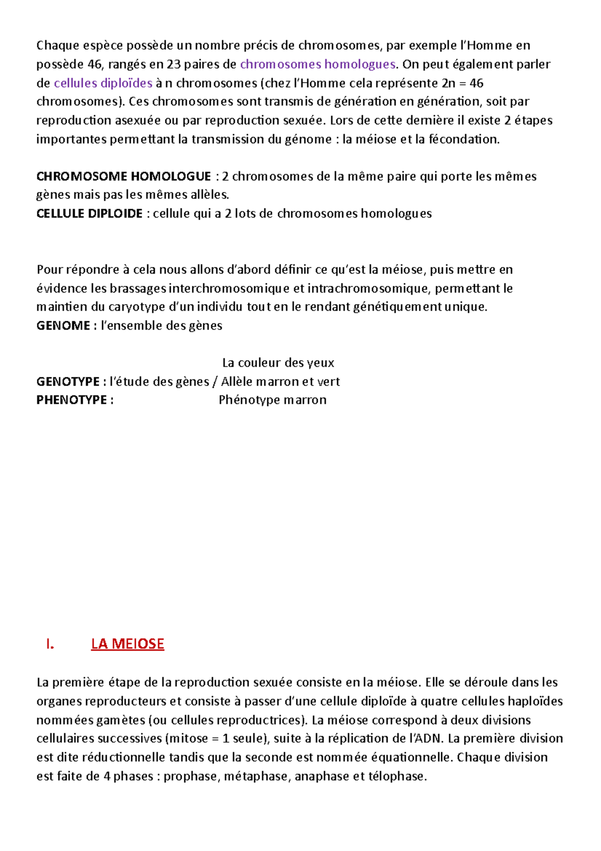 Meiose Et Brassage Cours De Svt Terminale Chaque Esp Ce Poss De Un Nombre Pr Cis De