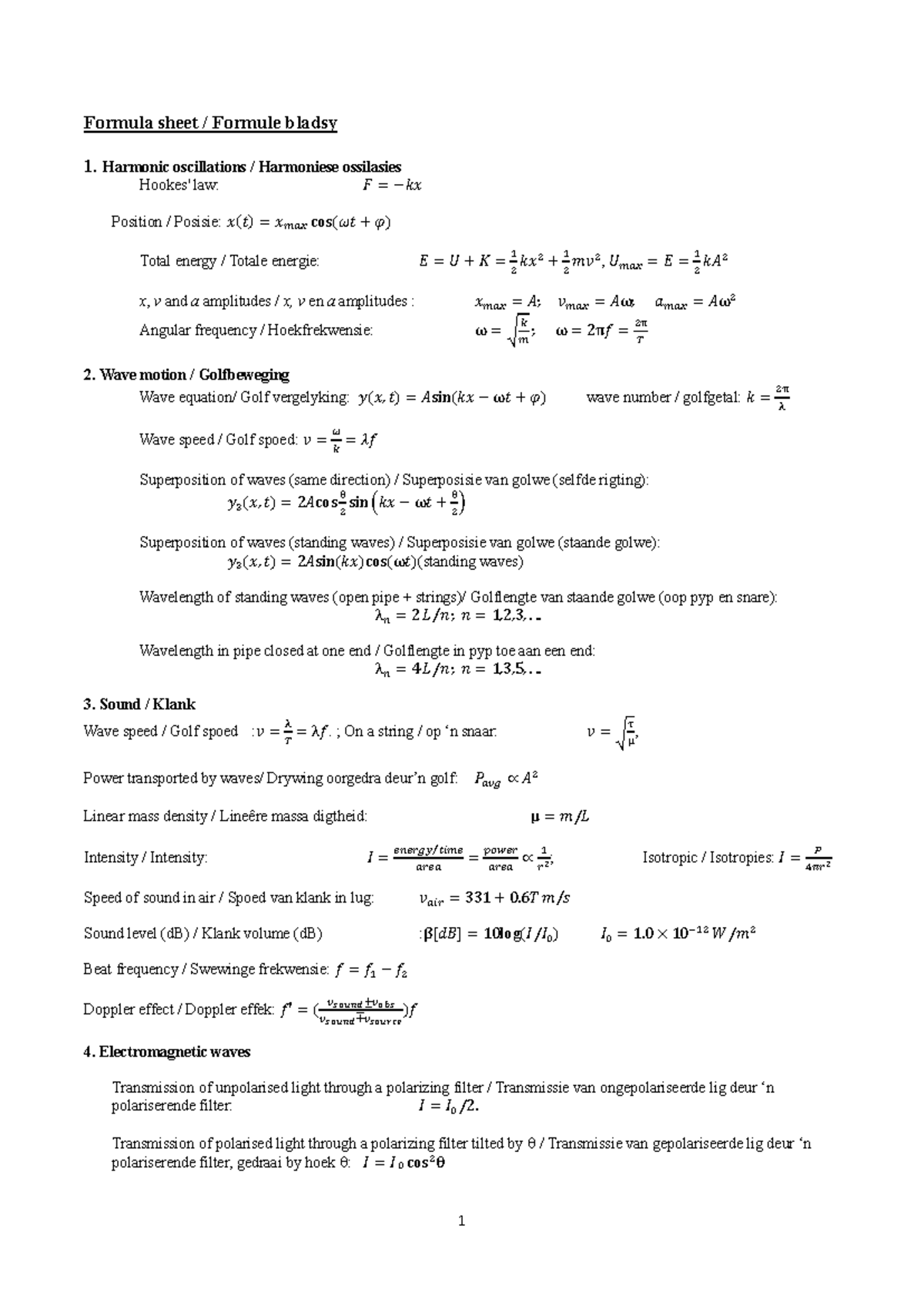 Formula sheet Phy113 - Formula sheet / Formule bladsy 1. Harmonic ...