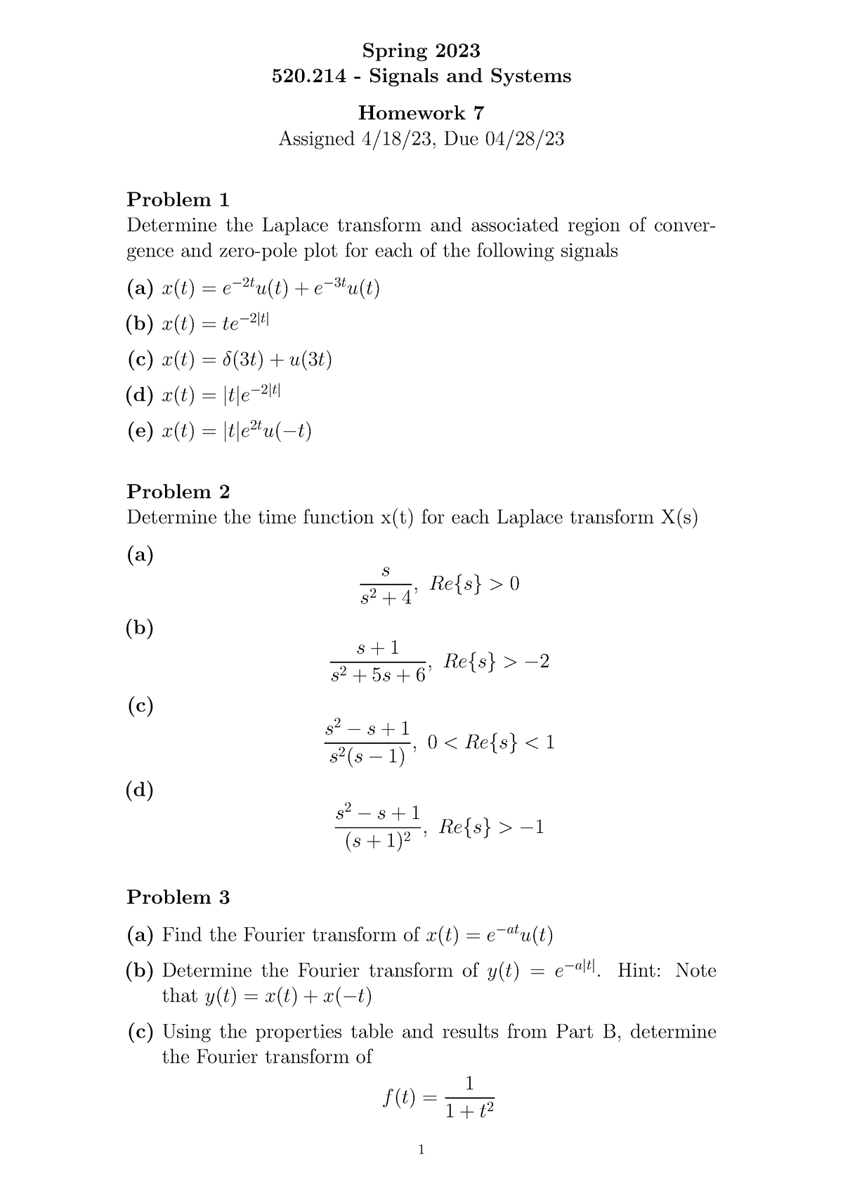 Signals Systems Spring 2023 Homework 7-1 - Spring 2023 520 - Signals ...