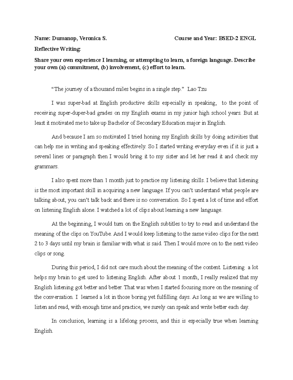 Reflective Writing about learning a foreign language -Week 3 - Name ...
