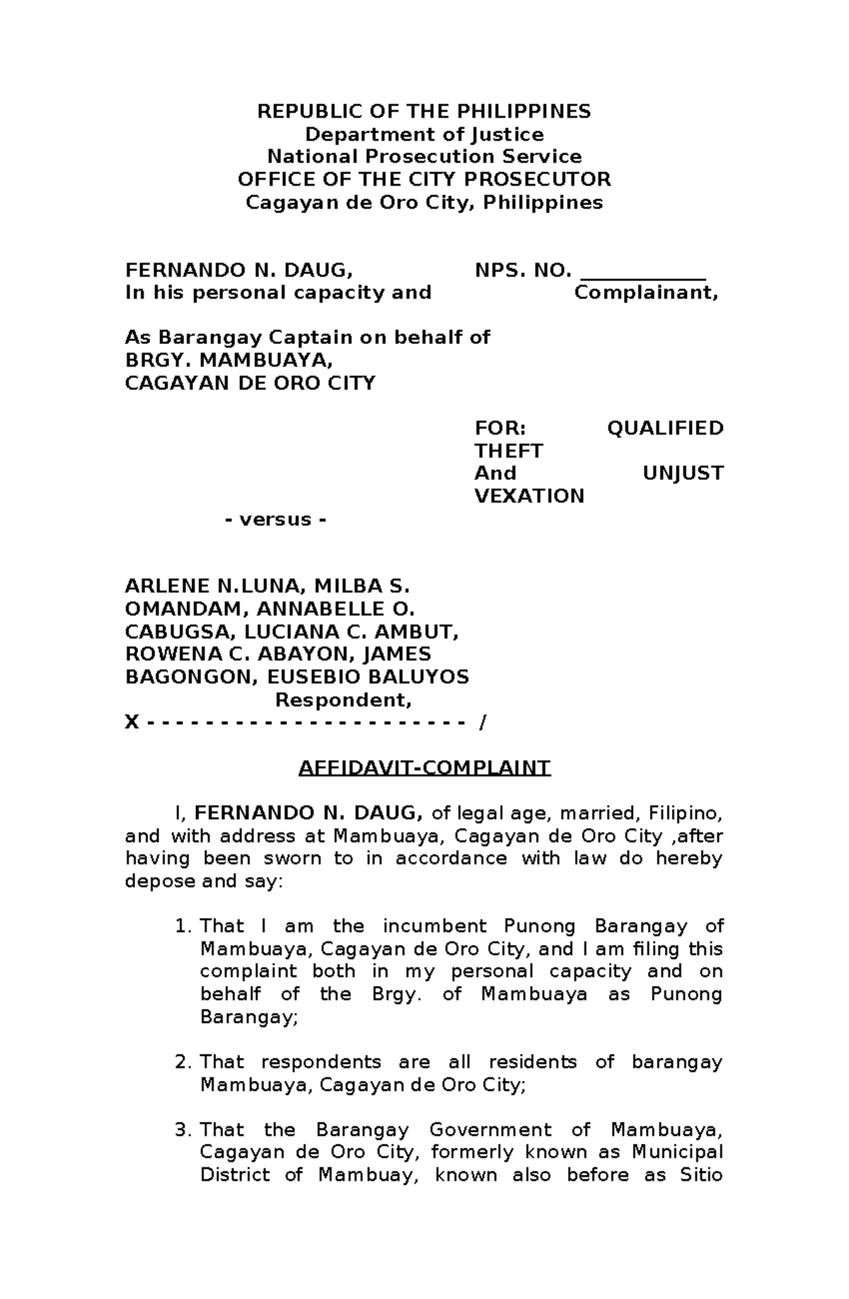 344776281 Affidavit Complaint sample - REPUBLIC OF THE PHILIPPINES ...