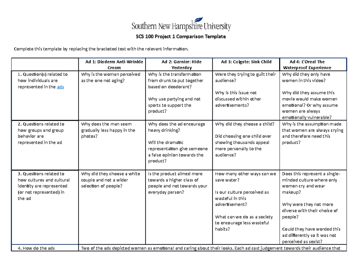 Scs 100 Project 1 Comparison Template - Scs 100 Project 1 Comparison 