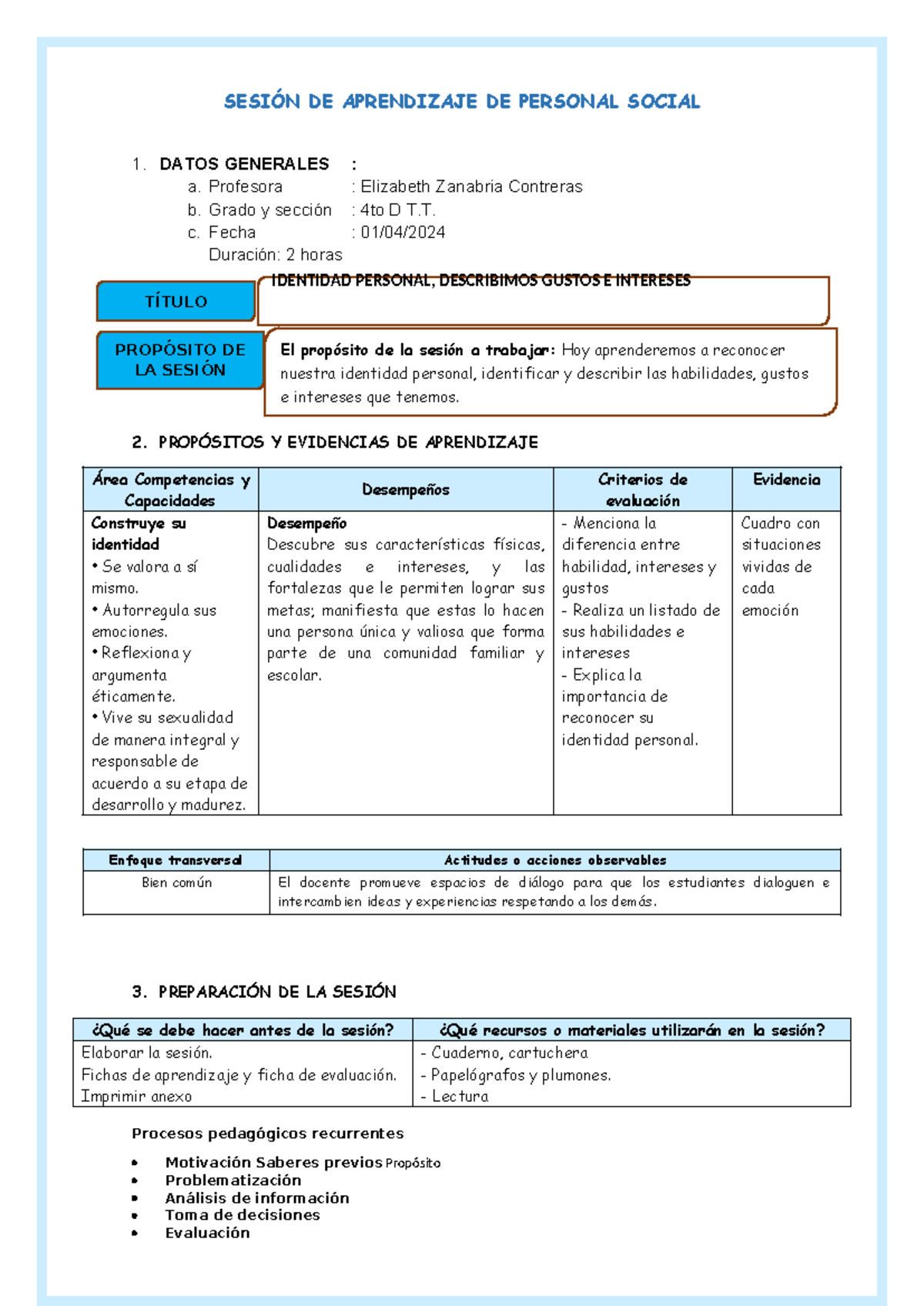 IV SES PS LUN 1 Identidad Personal Habilidades Intereses Y Gustos ...