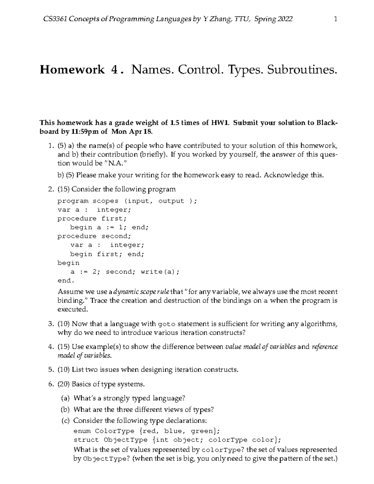 CS 3361 Homework 4 - CS3361 Concepts of Programming Languages by Y ...