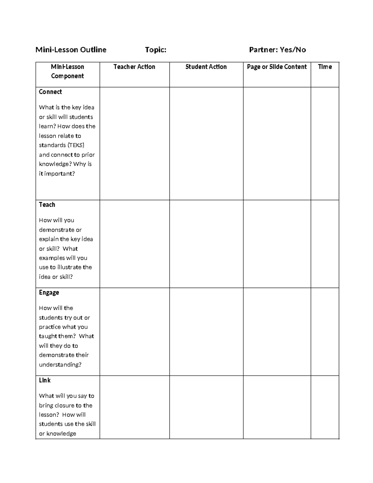 Mini Lesson Outline - Mini-Lesson Outline Topic: Partner: Yes/No Mini ...