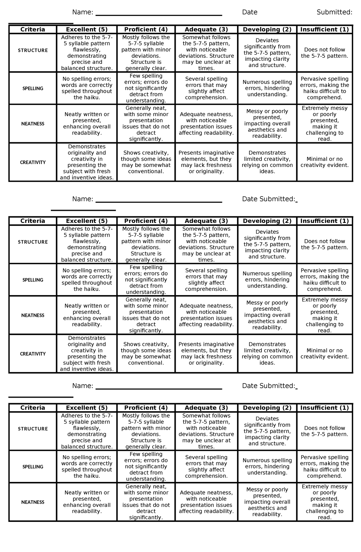 Rubric for Oral Recitation - Name ...