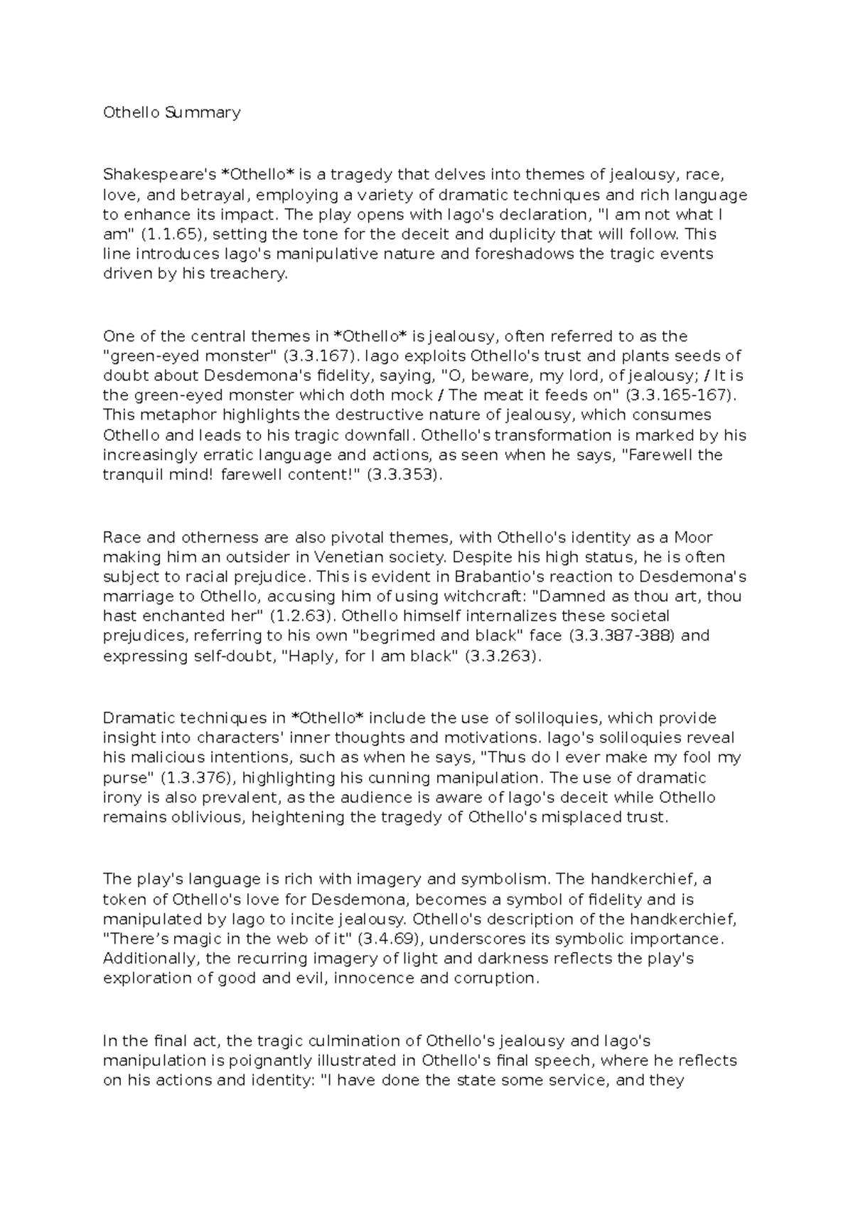 O summary Othello - Othello Summary Shakespeare's Othello is a tragedy ...