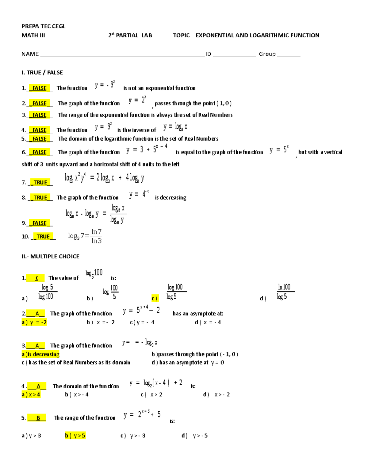 Exponential and Logarithmic Function Lab Answer KEY - PREPA TEC CEGL ...