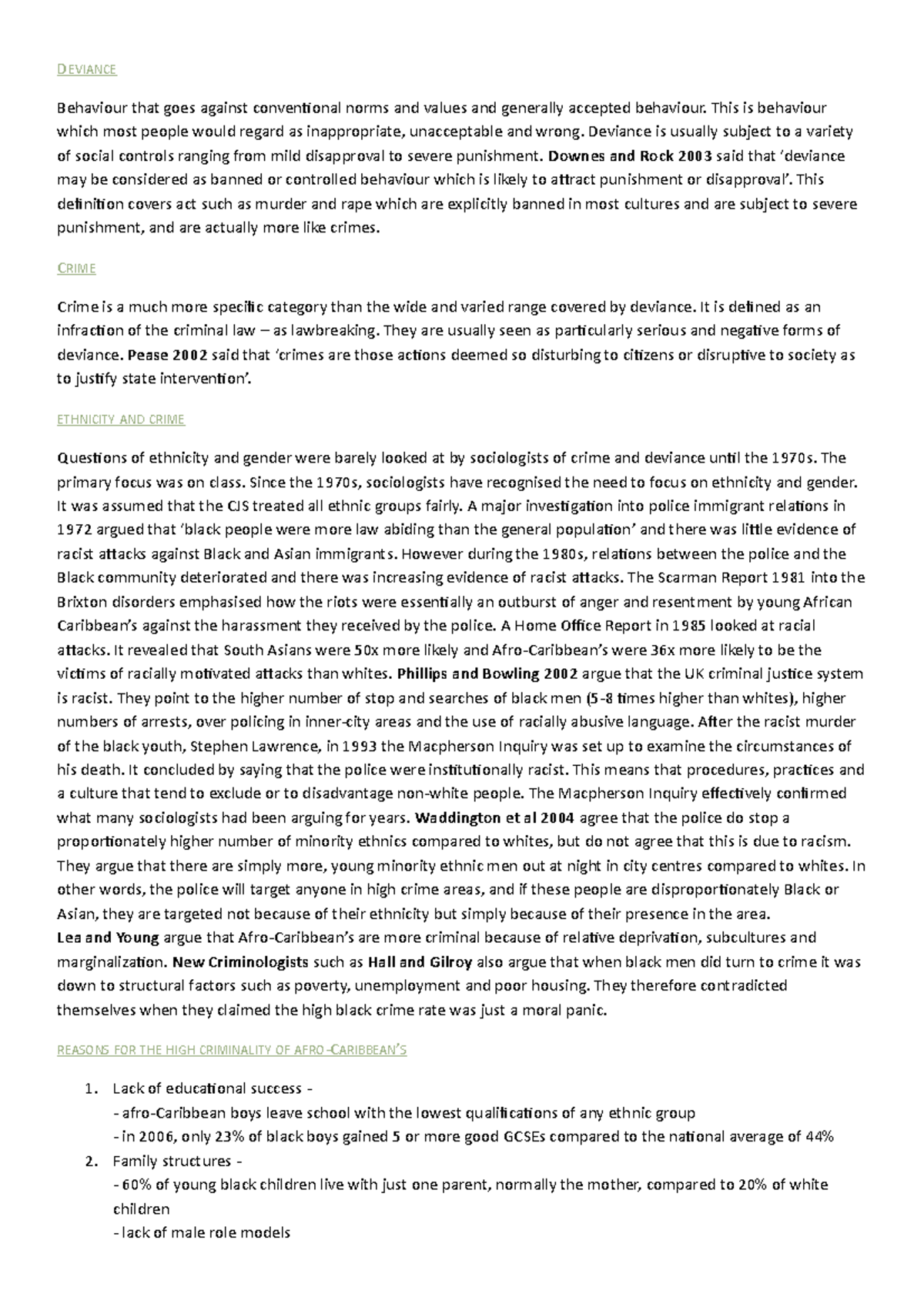 Revision lecture notes crime and deviance - D EVIANCE Behaviour that ...