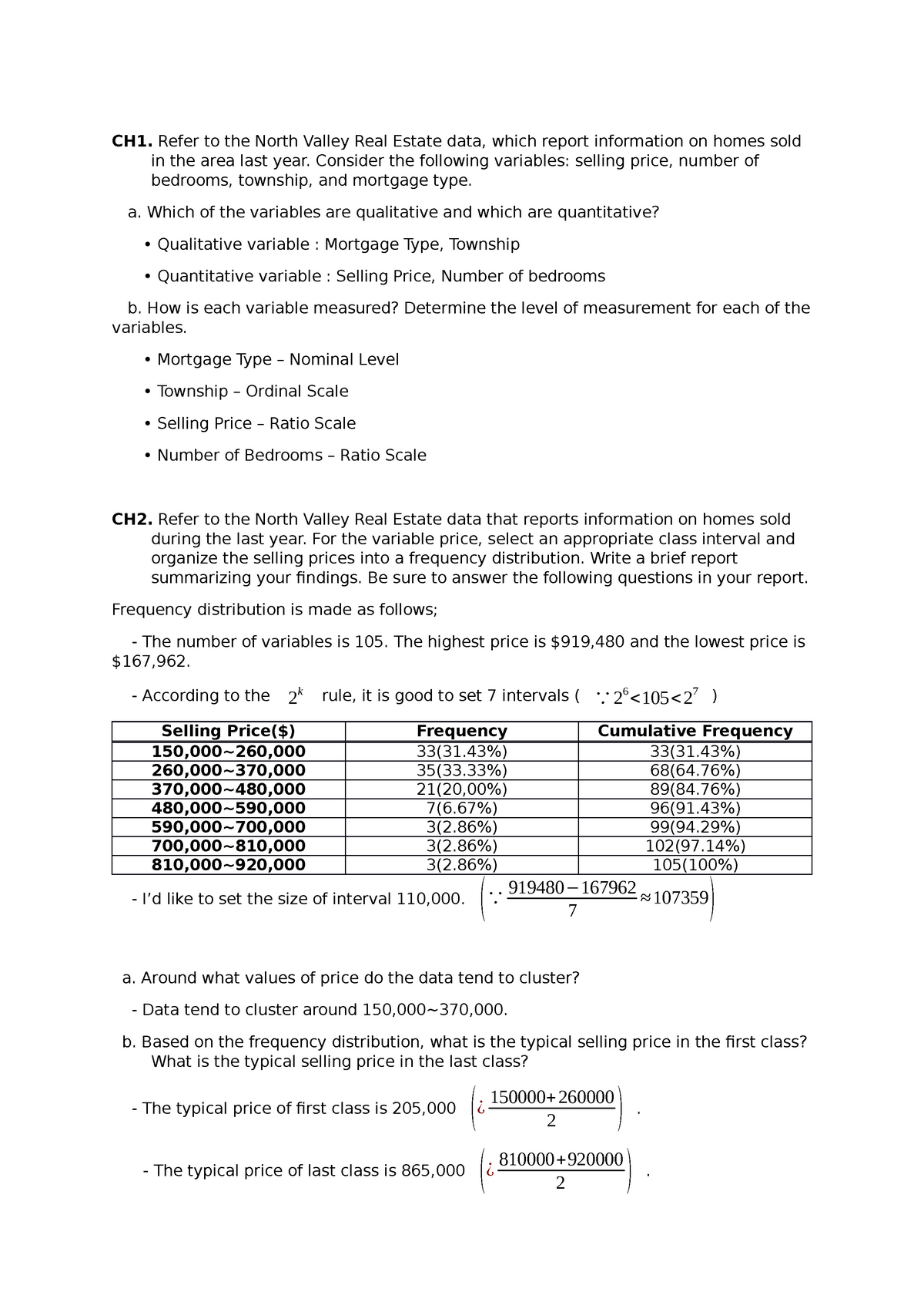 Assignment - CH1. Refer To The North Valley Real Estate Data, Which ...