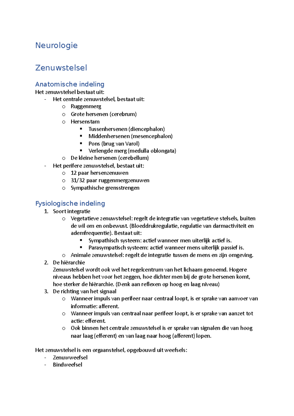 Neurologie - Neurologie Zenuwstelsel Anatomische Indeling Het ...