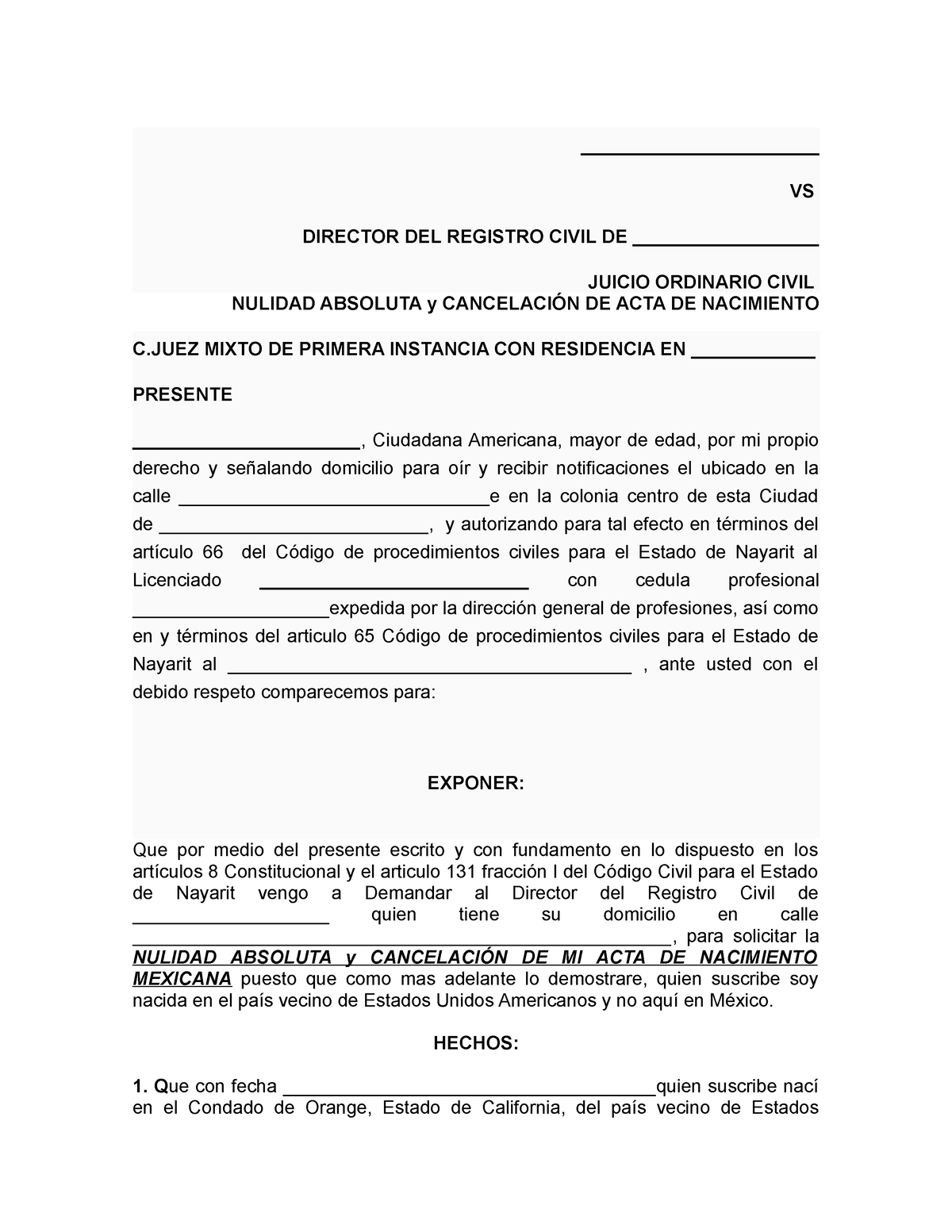 Nulidad Absoluta y CancelacióN DE ACTA DE Nacimiento Nayarit - VS DIRECTOR  - Studocu