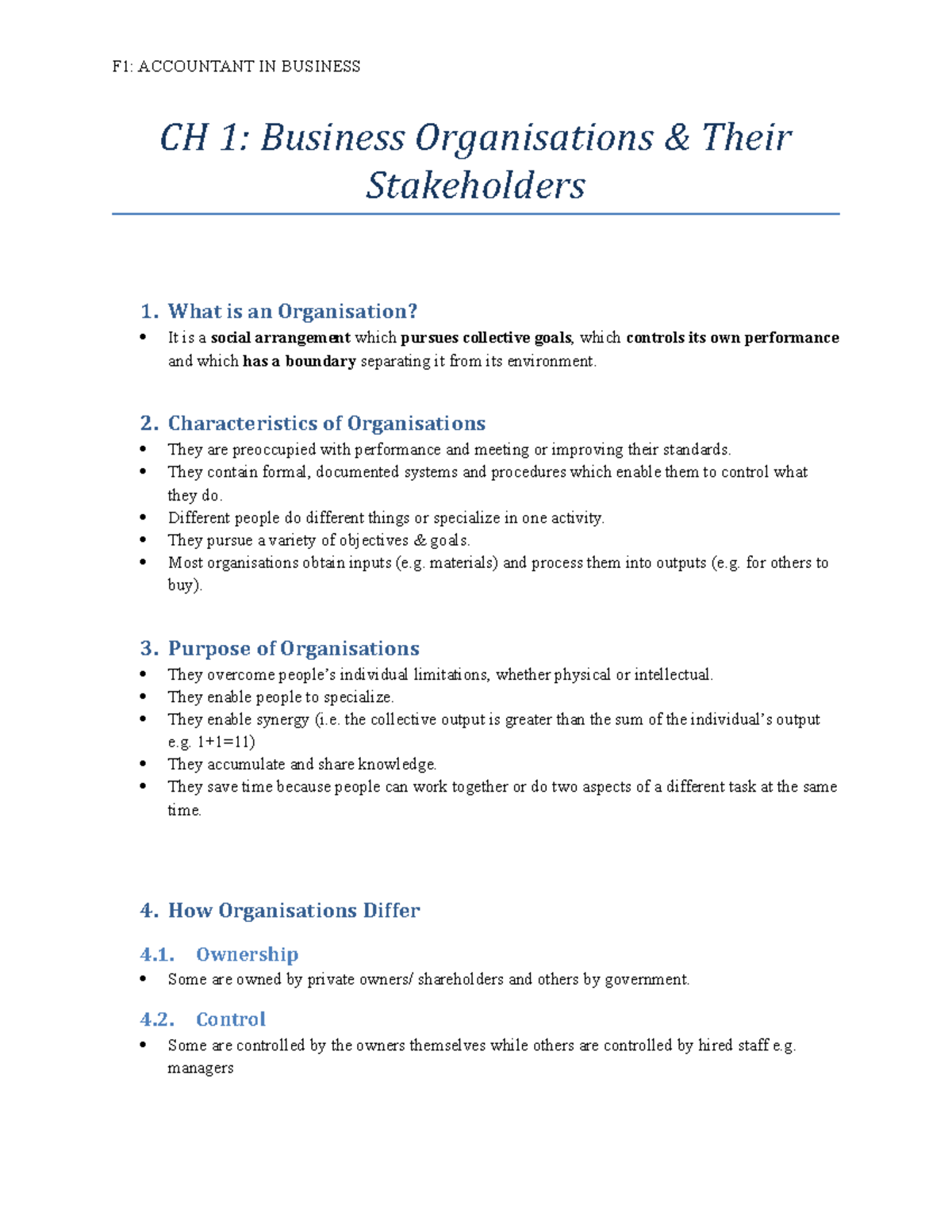 Business Organisations Their Stakeholders - CH 1: Business ...