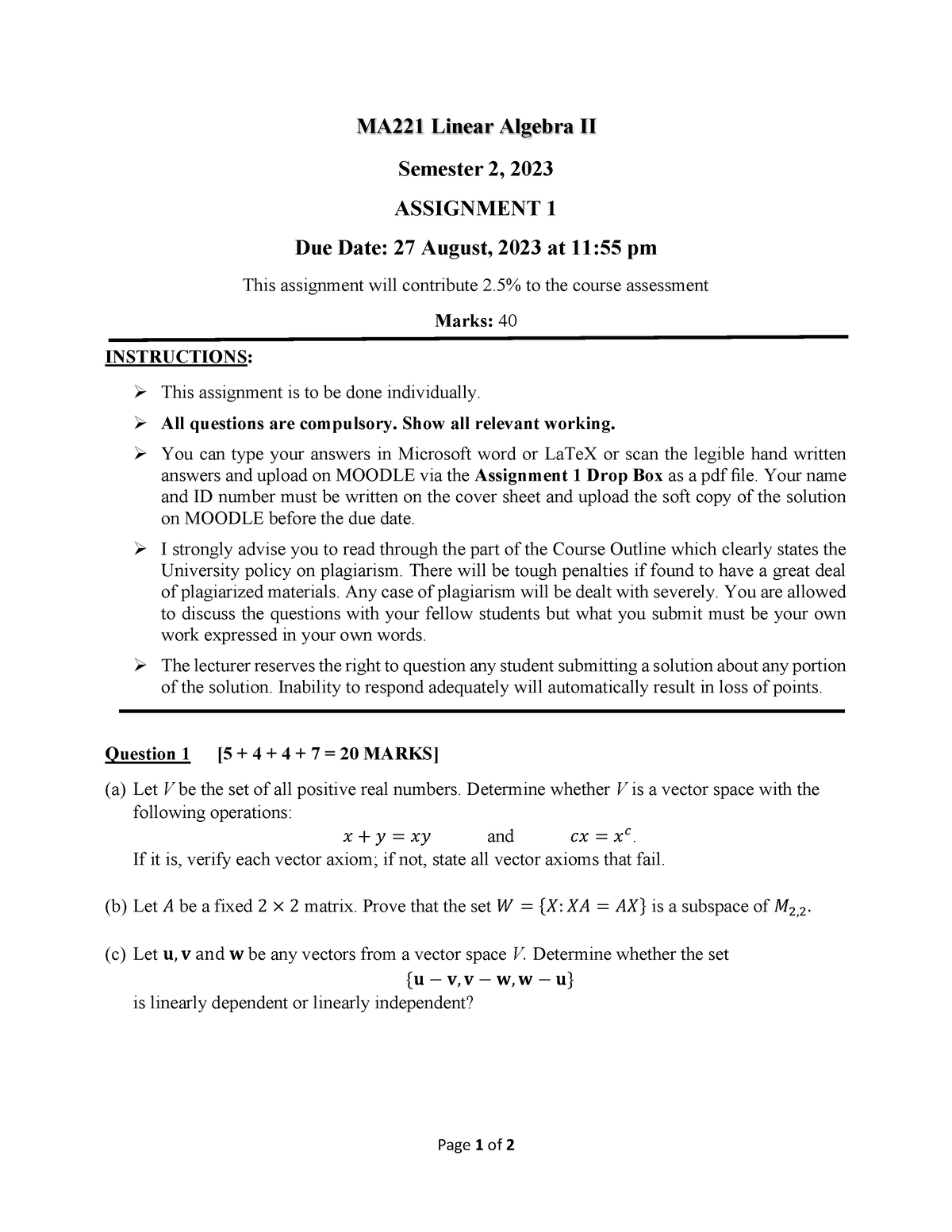 ma221-assignment-1-s2-2023-page-1-of-2-ma221-linear-algebra-ii