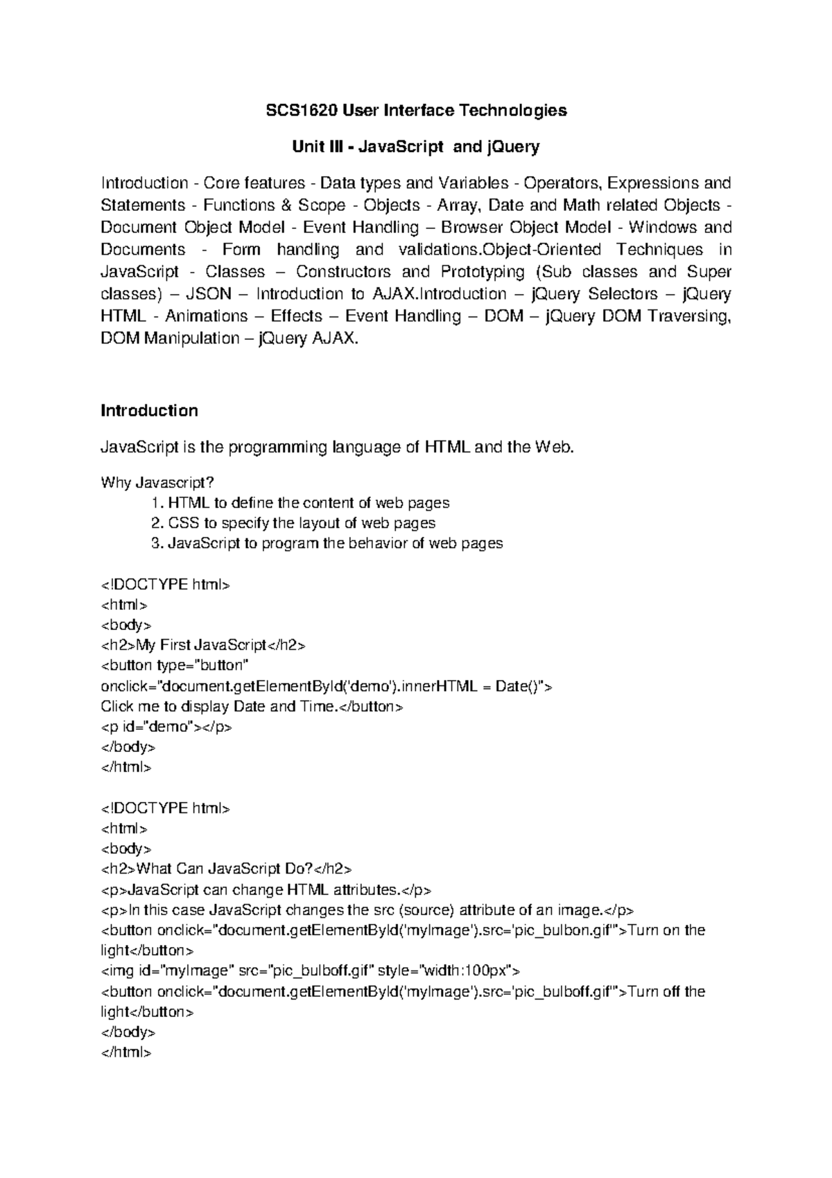 Java Script and j Query Notes SCS1620 User Interface Technologies