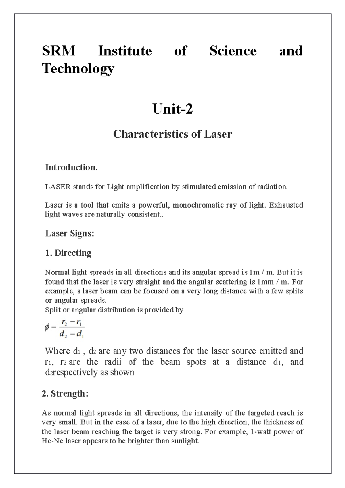 Characteristics of Laser - SRM Institute of Science and Technology Unit ...